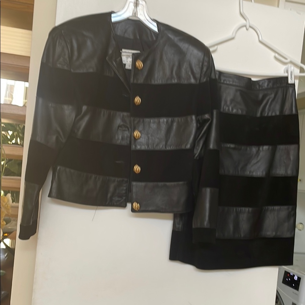 Black and Gold Striped Leather Jacket and Skirt Set